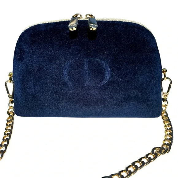 ‘CD’ Logo Navy Velvet Beauty Pouch+Unbranded Chain Crossbody - Picture 2 of 15
